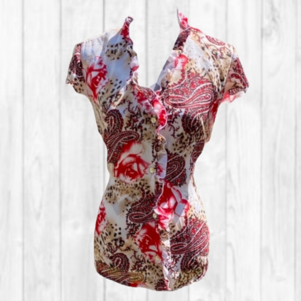 Dress-U by Sharon Floral Short Sleeve Button Down Ruffle Top (18)